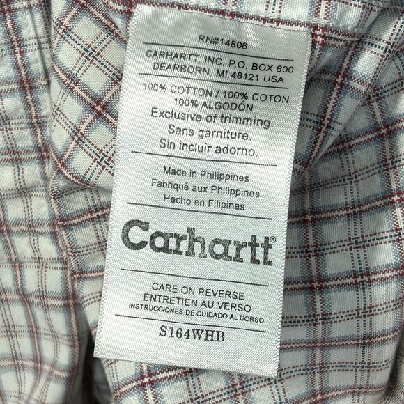 Carhartt Mens L Shirt Work Relaxed Button Up Short Sleeve White Chambray Plaid - Picture 6 of 8